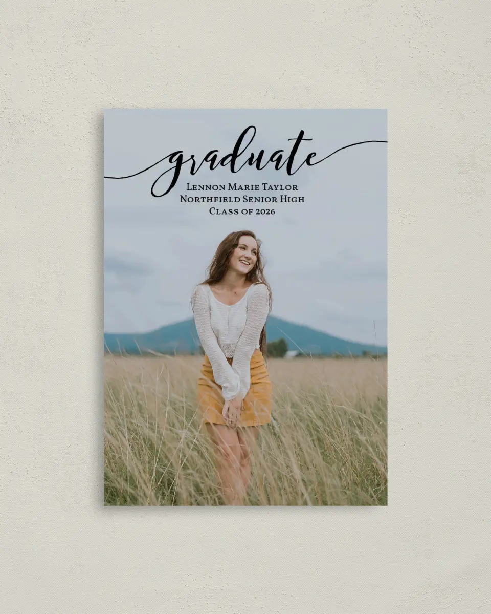 This is a 4" x 5.6" Graduation Announcement Postcard called Scripted Graduate printed in full color on Soft Touch Finish paper