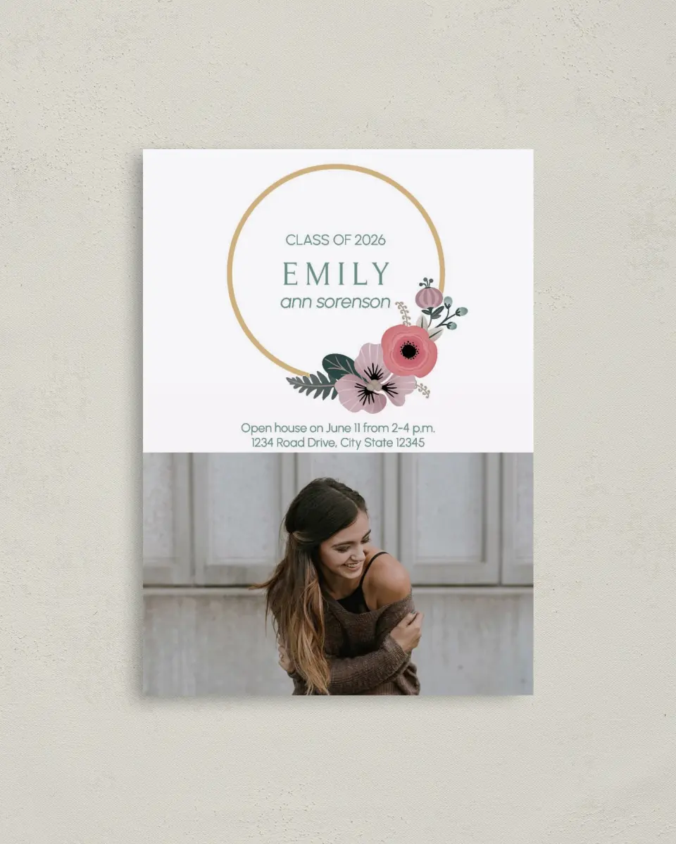 This is a 4" x 5.6" Graduation Announcement Postcard called Bespoke Wreath printed in full color on Soft Touch Finish paper