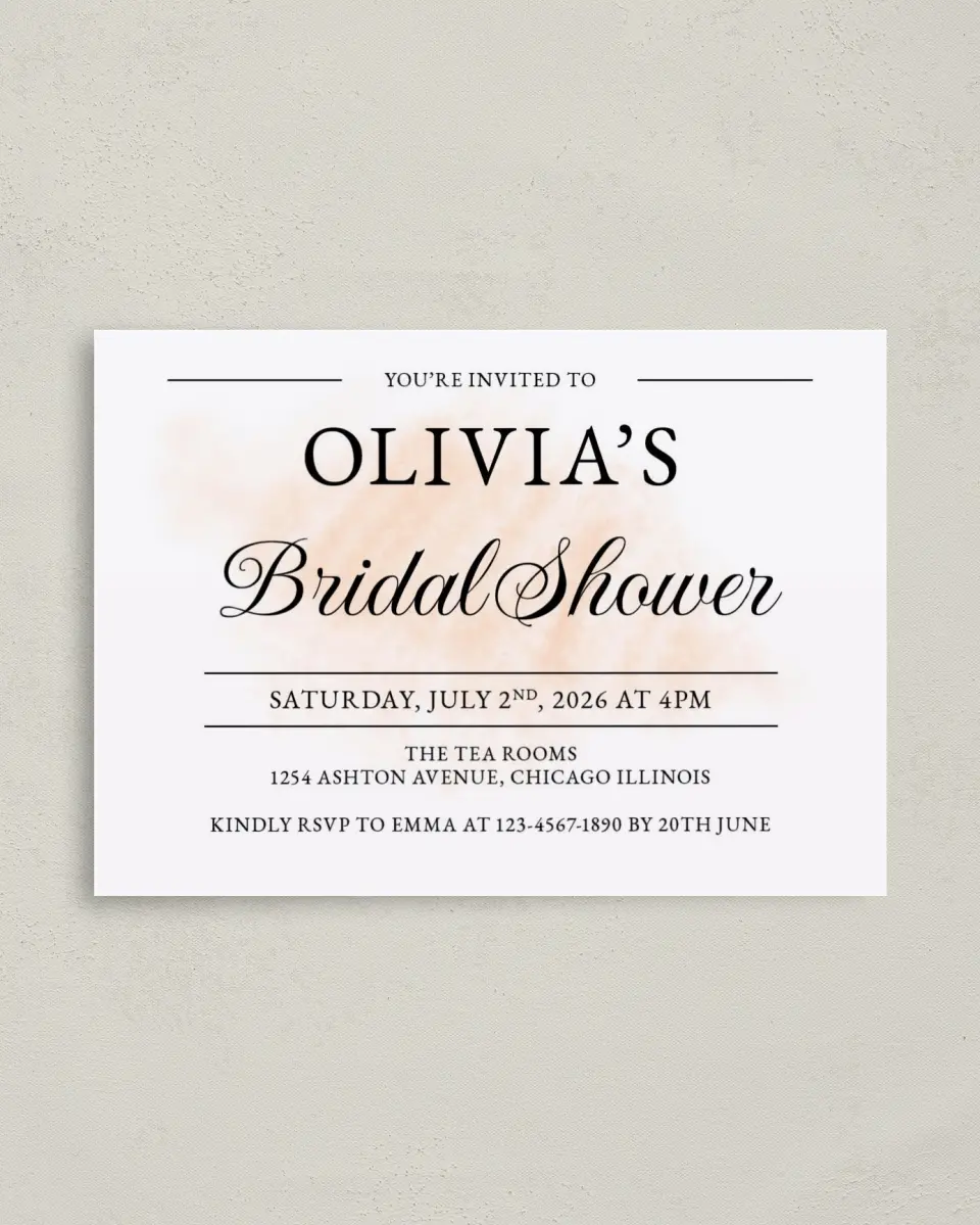 This is a 4" x 5.6" Bridal Shower Invitation Postcard called Blushing Bliss printed in full color with Gold foil on Soft Touch Finish paper
