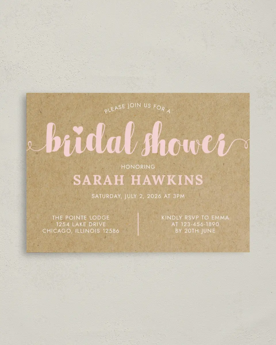 This is a 4" x 5.6" Bridal Shower Invitation Postcard called Sweetly Krafted printed in full color on Soft Touch Finish paper