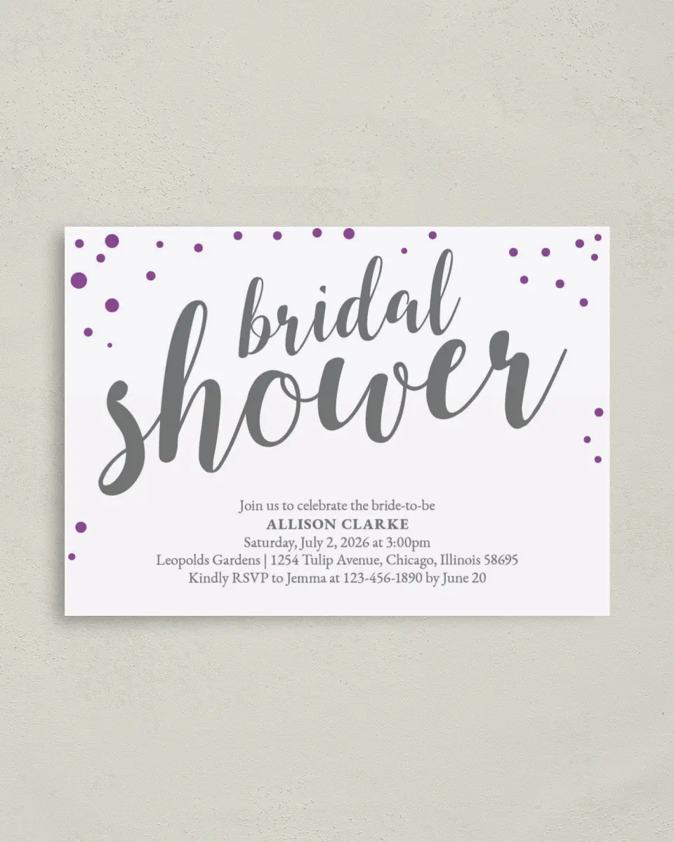 This is a 4" x 5.6" Bridal Shower Invitation Postcard called Starlight Splash printed in full color with Gold foil on Soft Touch Finish paper