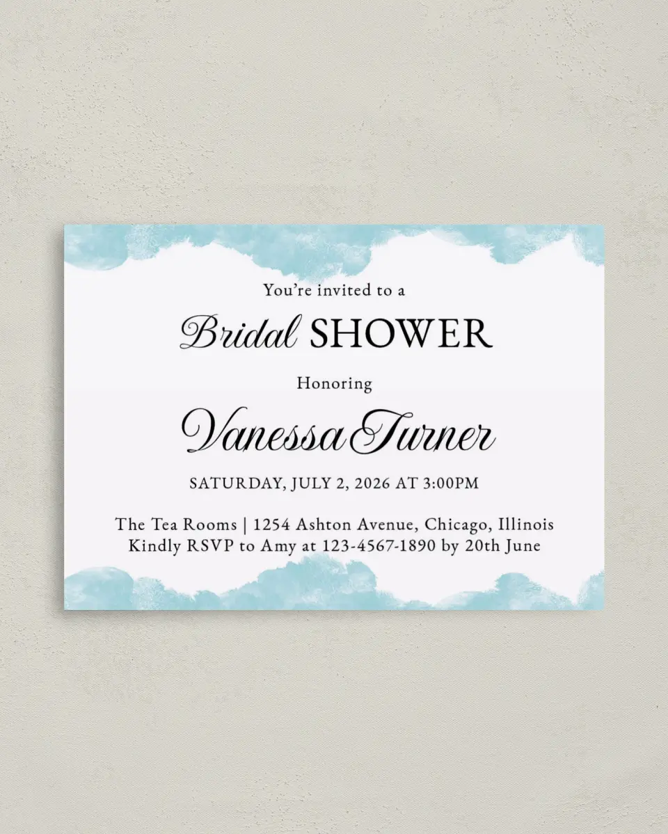 This is a 4" x 5.6" Bridal Shower Invitation Postcard called Painterly Posh printed in full color with Gold foil on Soft Touch Finish paper