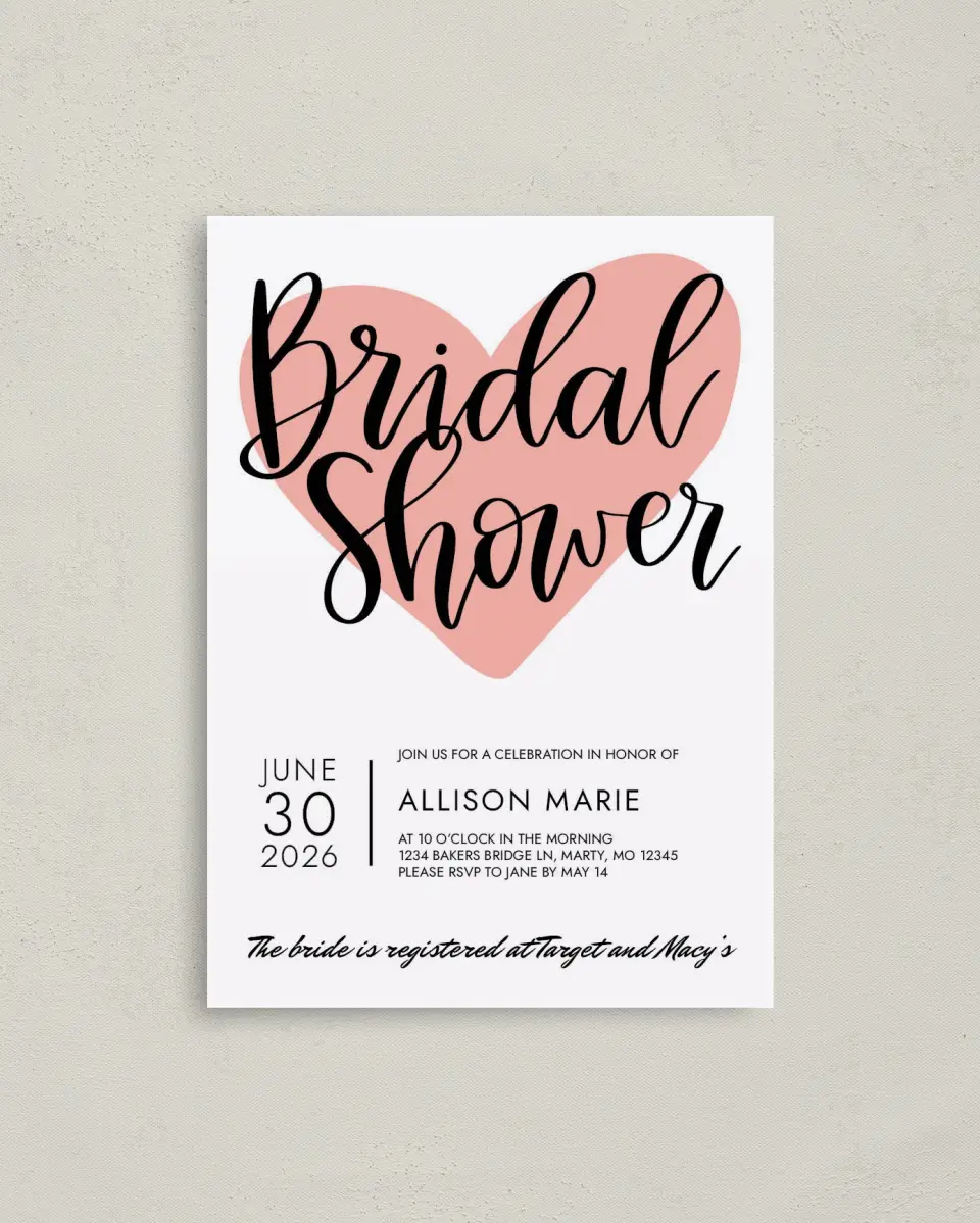 This is a 4" x 5.6" Bridal Shower Invitation Postcard called Hearts United printed in full color with Gold foil on Soft Touch Finish paper