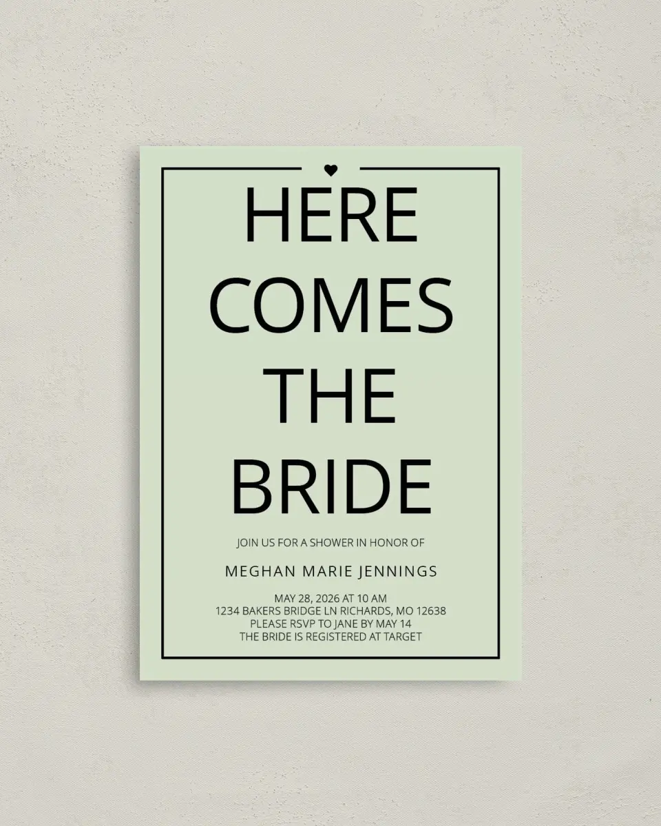 This is a 4" x 5.6" Bridal Shower Invitation Postcard called Bridal Party printed in full color with Gold foil on Soft Touch Finish paper