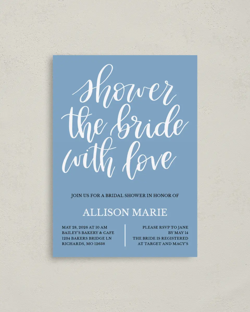This is a 4" x 5.6" Bridal Shower Invitation Postcard called Bridal Blessing printed in full color with Silver foil on Soft Touch Finish paper