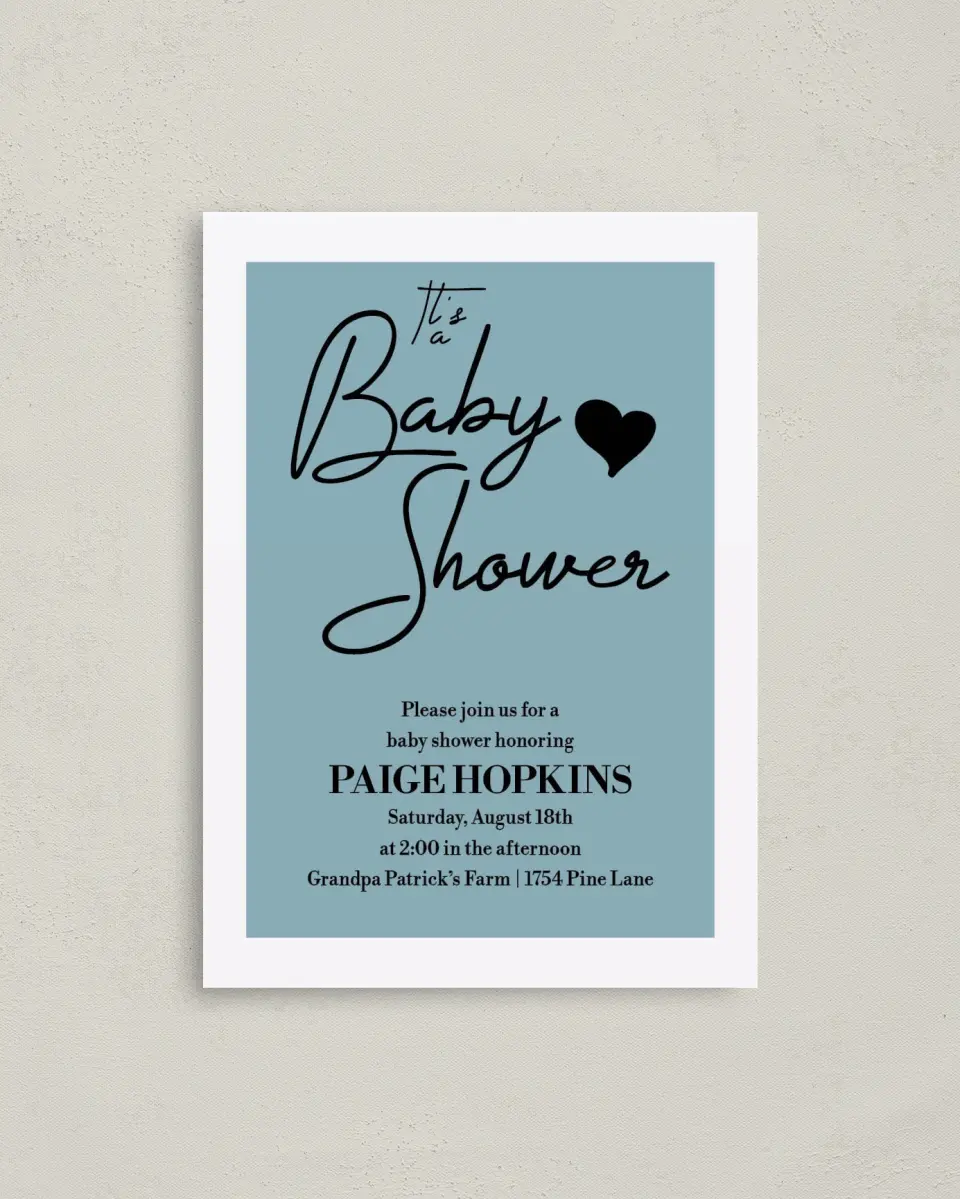 This is a 4" x 5.6" Baby Shower Invitation Postcard called Hearts & Stripes printed in full color on Soft Touch Finish paper