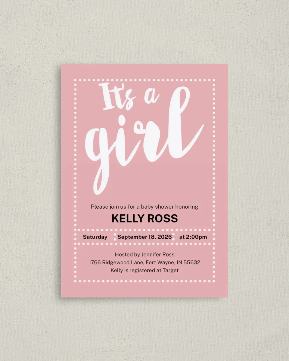 This is a 4" x 5.6" Baby Shower Invitation Postcard called Sweetheart Sprinkle printed in full color on Soft Touch Finish paper