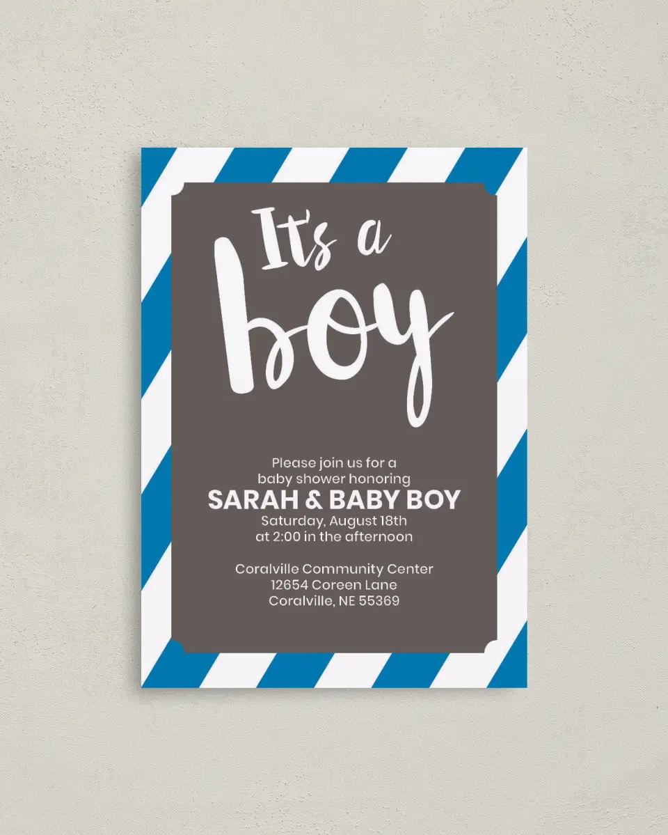 This is a 4" x 5.6" Baby Shower Invitation Postcard called Bold Boy printed in full color on Soft Touch Finish paper