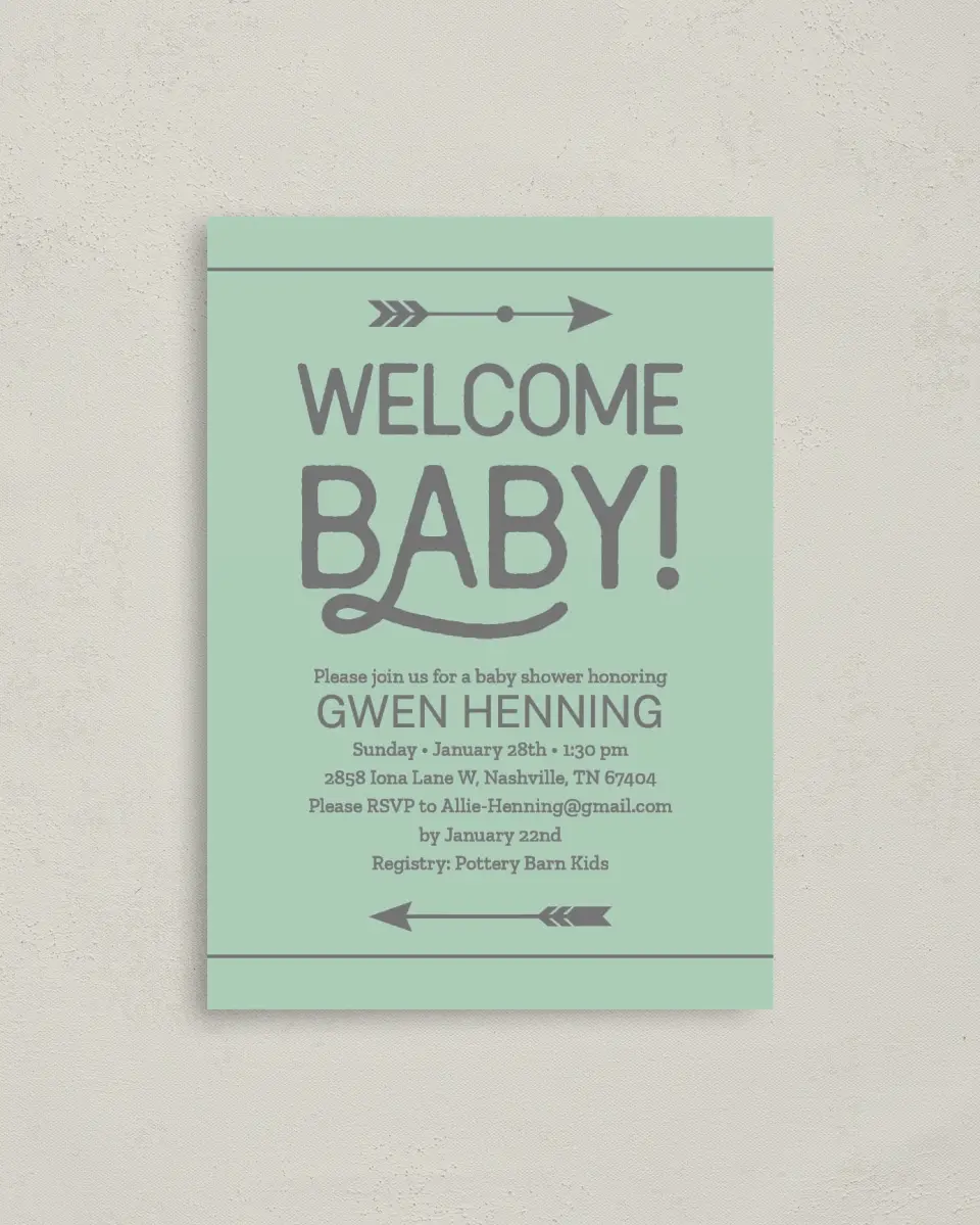 This is a 4" x 5.6" Baby Shower Invitation Postcard called Baby Power printed in full color on Soft Touch Finish paper