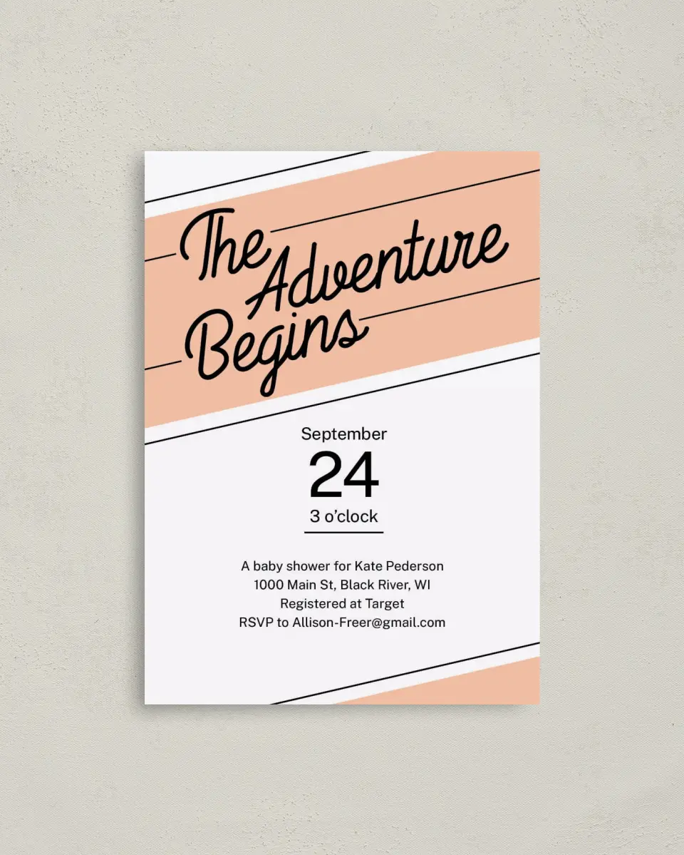 This is a 4" x 5.6" Baby Shower Invitation Postcard called Banner Adventure printed in full color on Soft Touch Finish paper