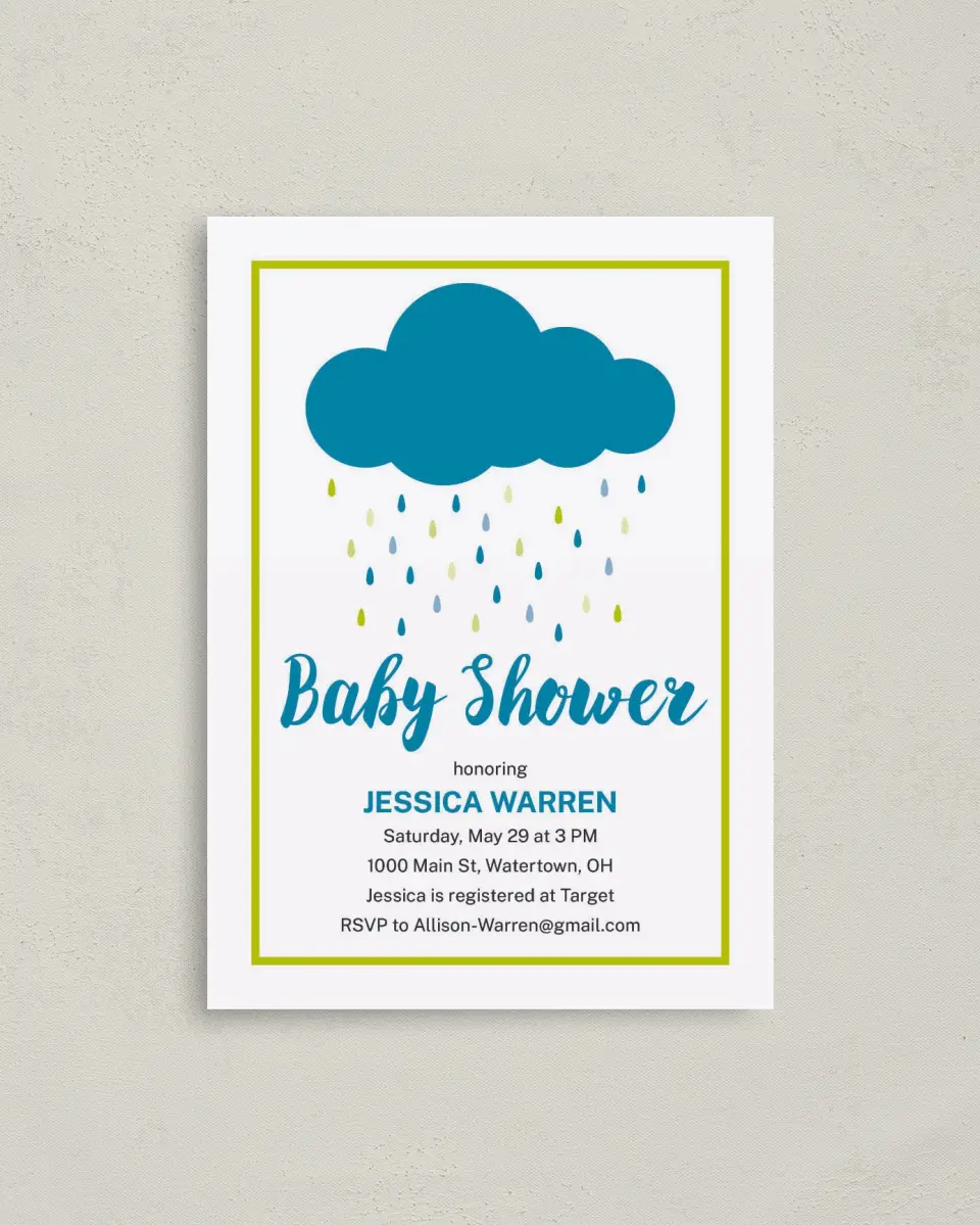 This is a 4" x 5.6" Baby Shower Invitation Postcard called Drops of Blessings printed in full color on Soft Touch Finish paper