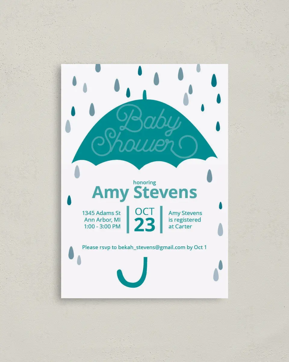 This is a 4" x 5.6" Baby Shower Invitation Postcard called Raining Love printed in full color on Soft Touch Finish paper