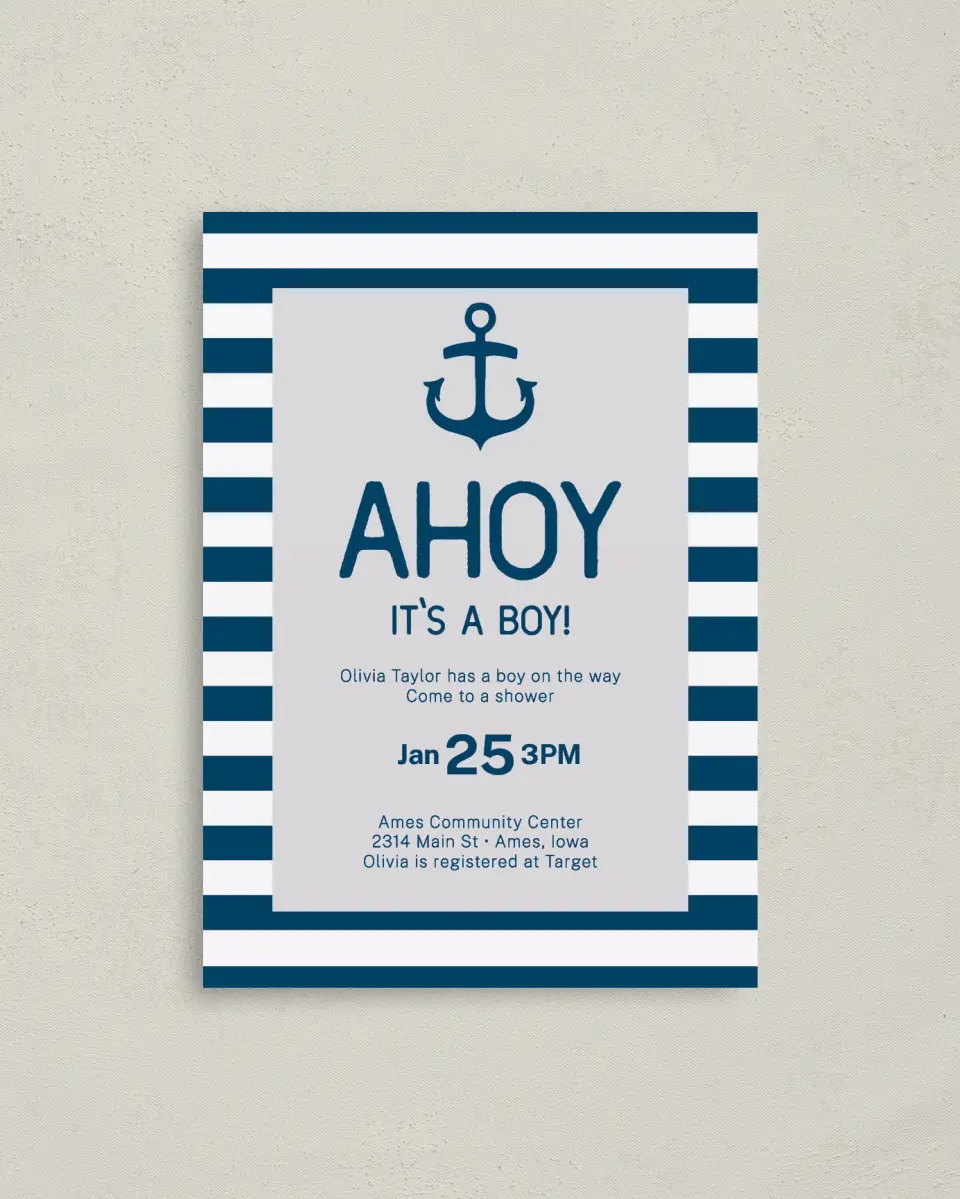 This is a 4" x 5.6" Baby Shower Invitation Postcard called Ahoy Joy printed in full color on Soft Touch Finish paper