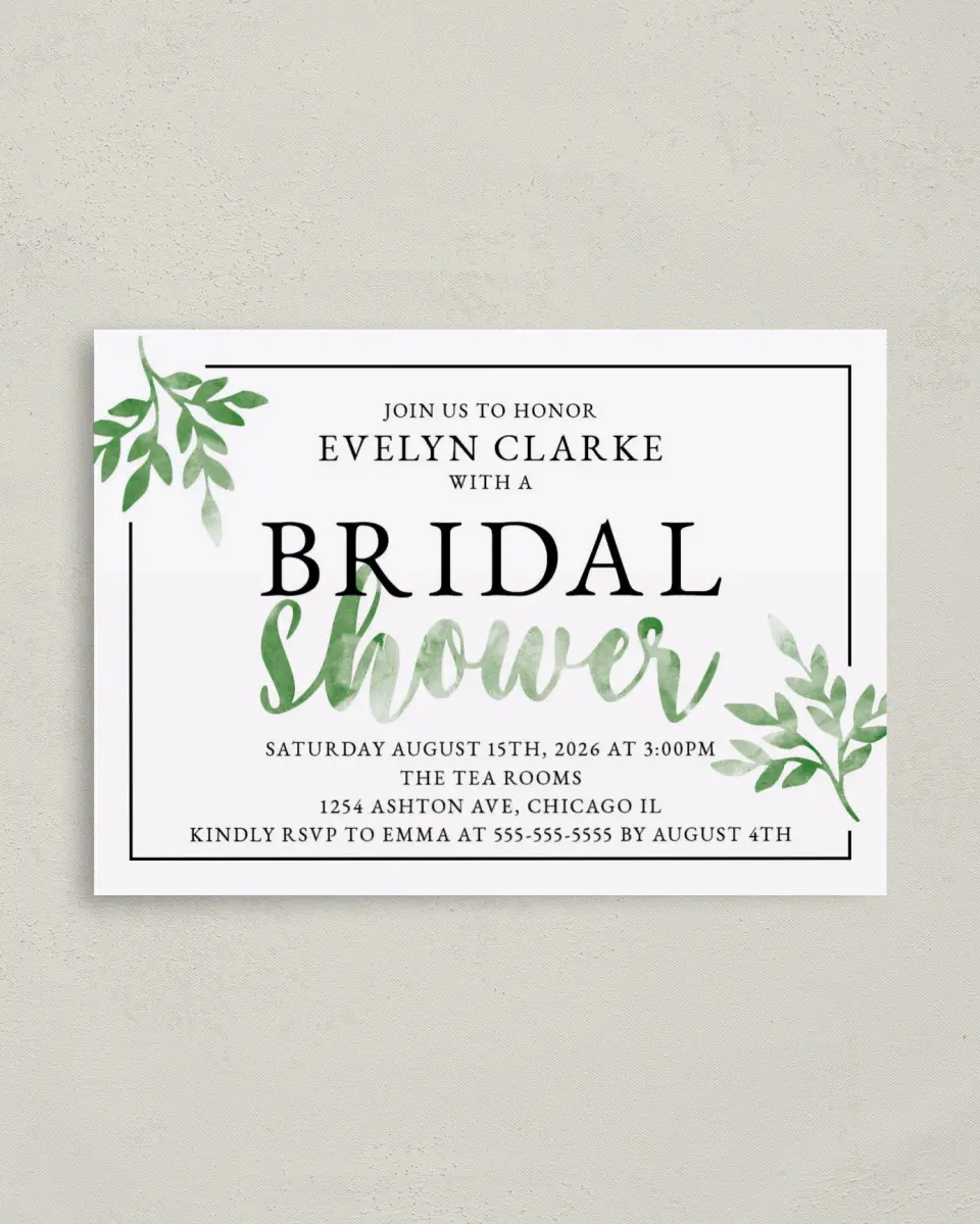 This is a 4" x 5.6" Bridal Shower Invitation Postcard called Watercolor Greenery printed in full color on Soft Touch Finish paper