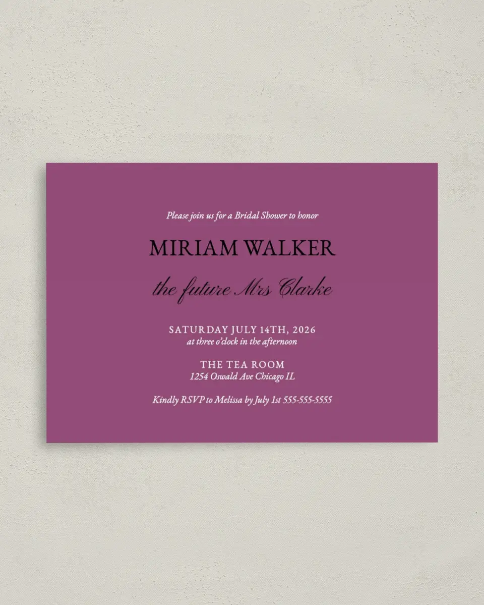 This is a 4" x 5.6" Bridal Shower Invitation Postcard called Shining Style printed in full color on Soft Touch Finish paper