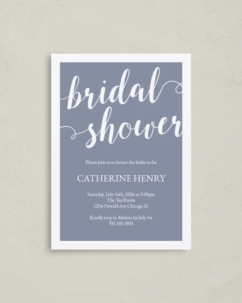 This is a 4" x 5.6" Bridal Shower Invitation Postcard called Whimsical Shower printed in full color with Gold foil on Soft Touch Finish paper