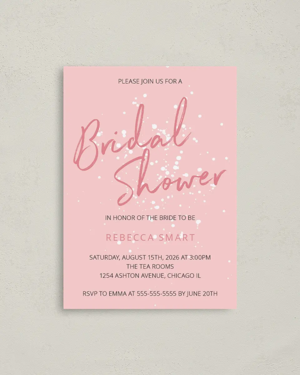 This is a 4" x 5.6" Bridal Shower Invitation Postcard called Showered in Love printed in full color on Soft Touch Finish paper