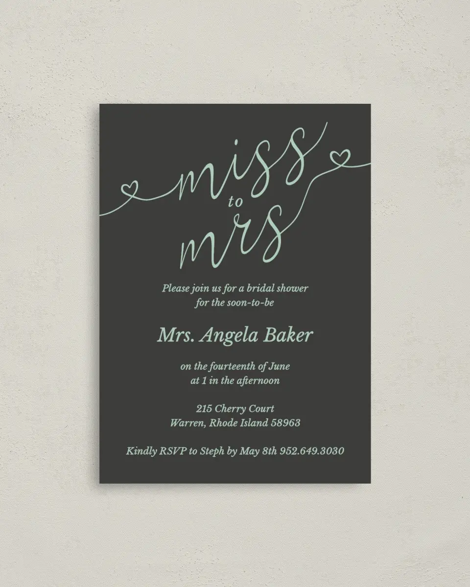This is a 4" x 5.6" Bridal Shower Invitation Postcard called Soon To Be Mrs. printed in full color with Gold foil on Soft Touch Finish paper