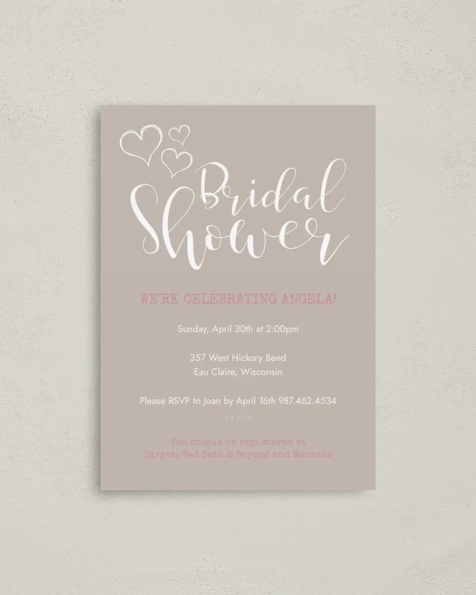 This is a 4" x 5.6" Bridal Shower Invitation Postcard called Heartfelt Wishes printed in full color with Silver foil on Soft Touch Finish paper