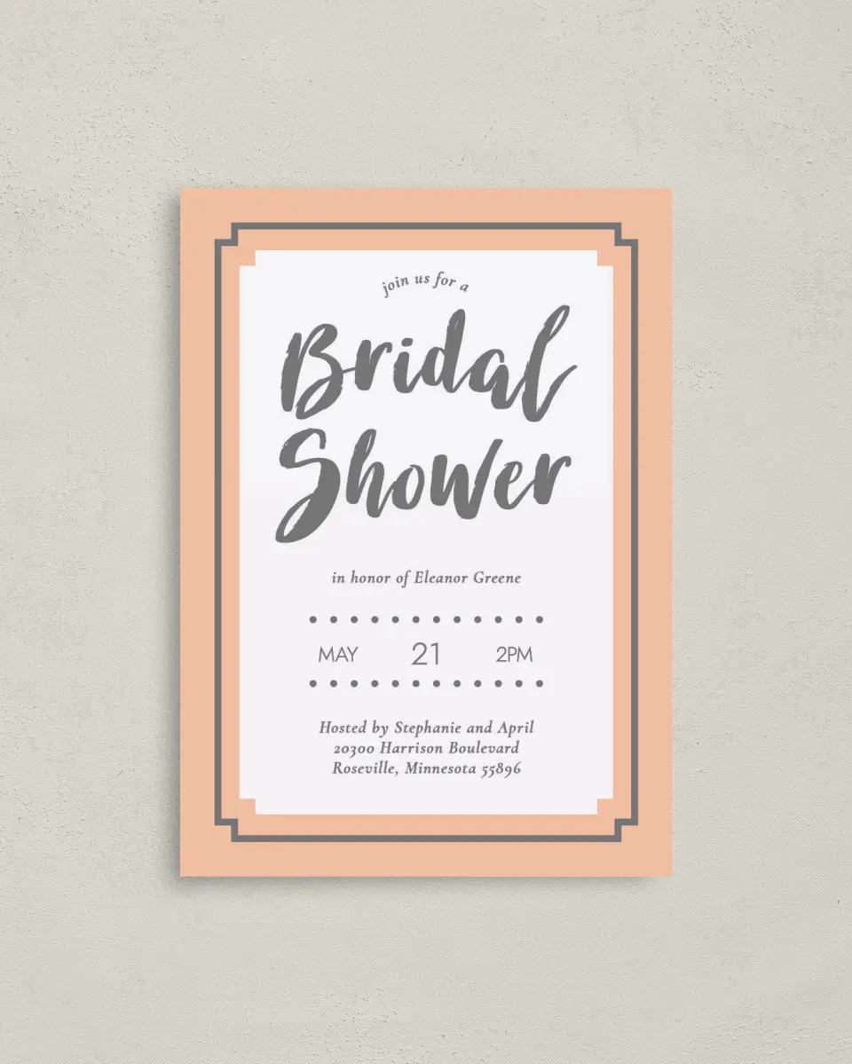 This is a 4" x 5.6" Bridal Shower Invitation Postcard called Framed Attention printed in full color with Gold foil on Soft Touch Finish paper