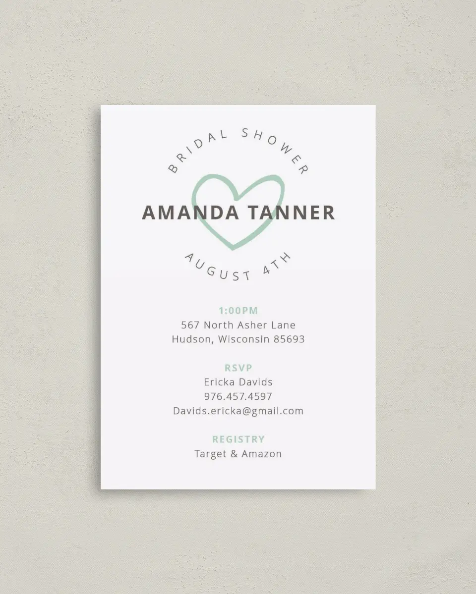 This is a 4" x 5.6" Bridal Shower Invitation Postcard called Happy Hearts printed in full color on Soft Touch Finish paper