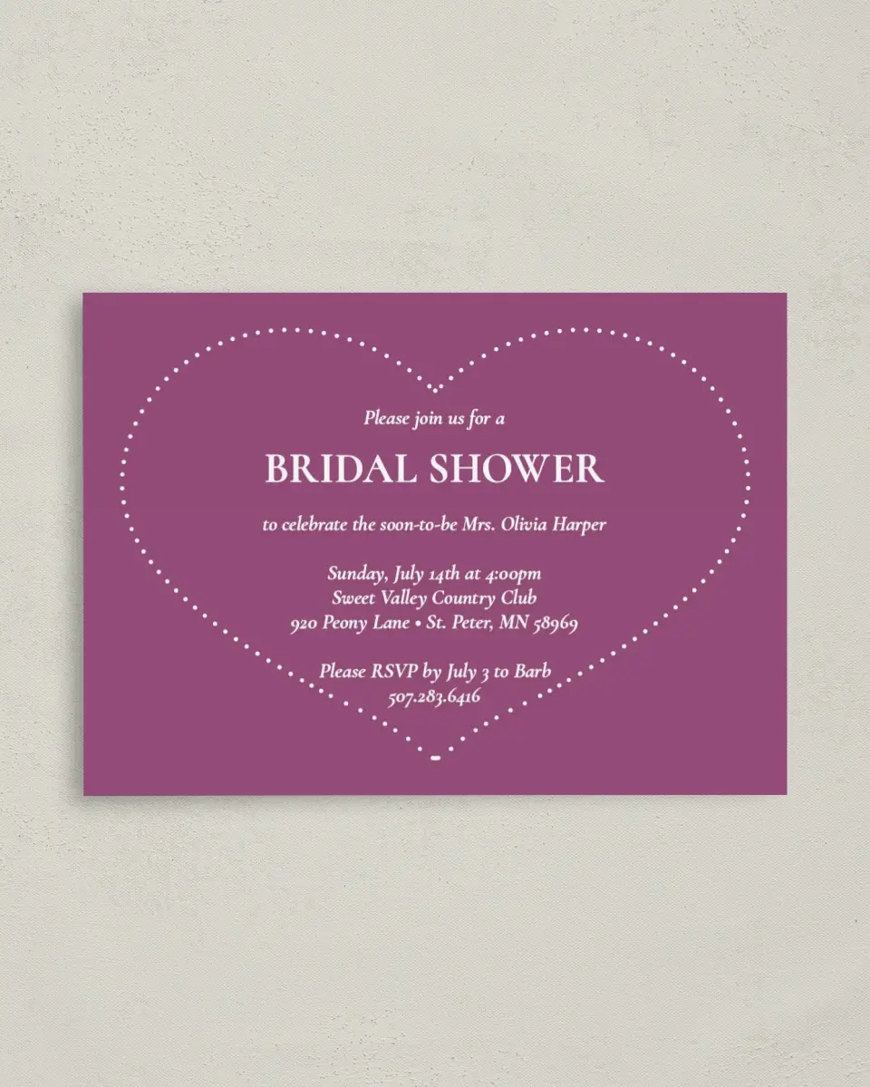 This is a 4" x 5.6" Bridal Shower Invitation Postcard called Hearts for Her printed in full color with Gold foil on Soft Touch Finish paper