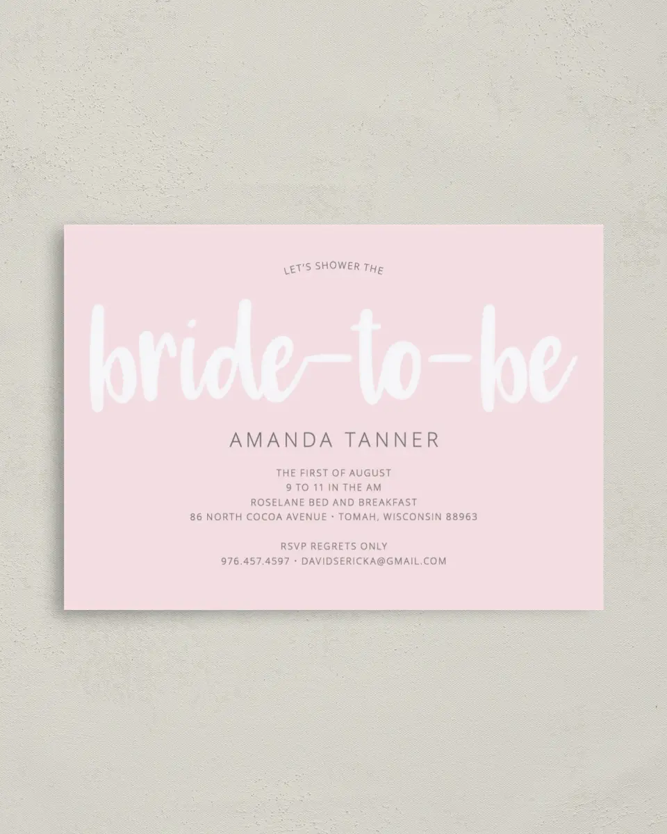 This is a 4" x 5.6" Bridal Shower Invitation Postcard called Bride-To-Be Beauty printed in full color on Soft Touch Finish paper