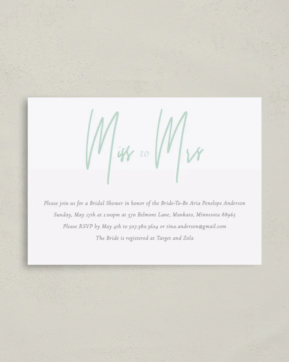 This is a 4" x 5.6" Bridal Shower Invitation Postcard called Miss to Mrs printed in full color on Soft Touch Finish paper