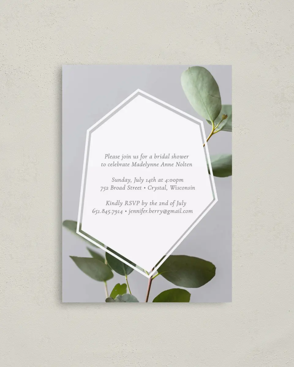This is a 4" x 5.6" Bridal Shower Invitation Postcard called Shower Sprigs printed in full color on Soft Touch Finish paper