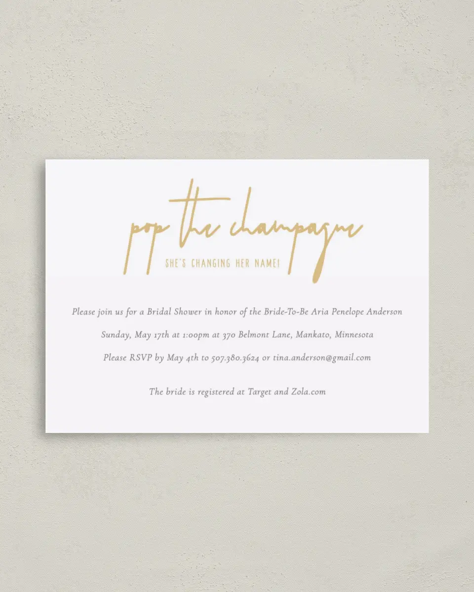 This is a 4" x 5.6" Bridal Shower Invitation Postcard called Champagne Bubbles printed in full color on Soft Touch Finish paper