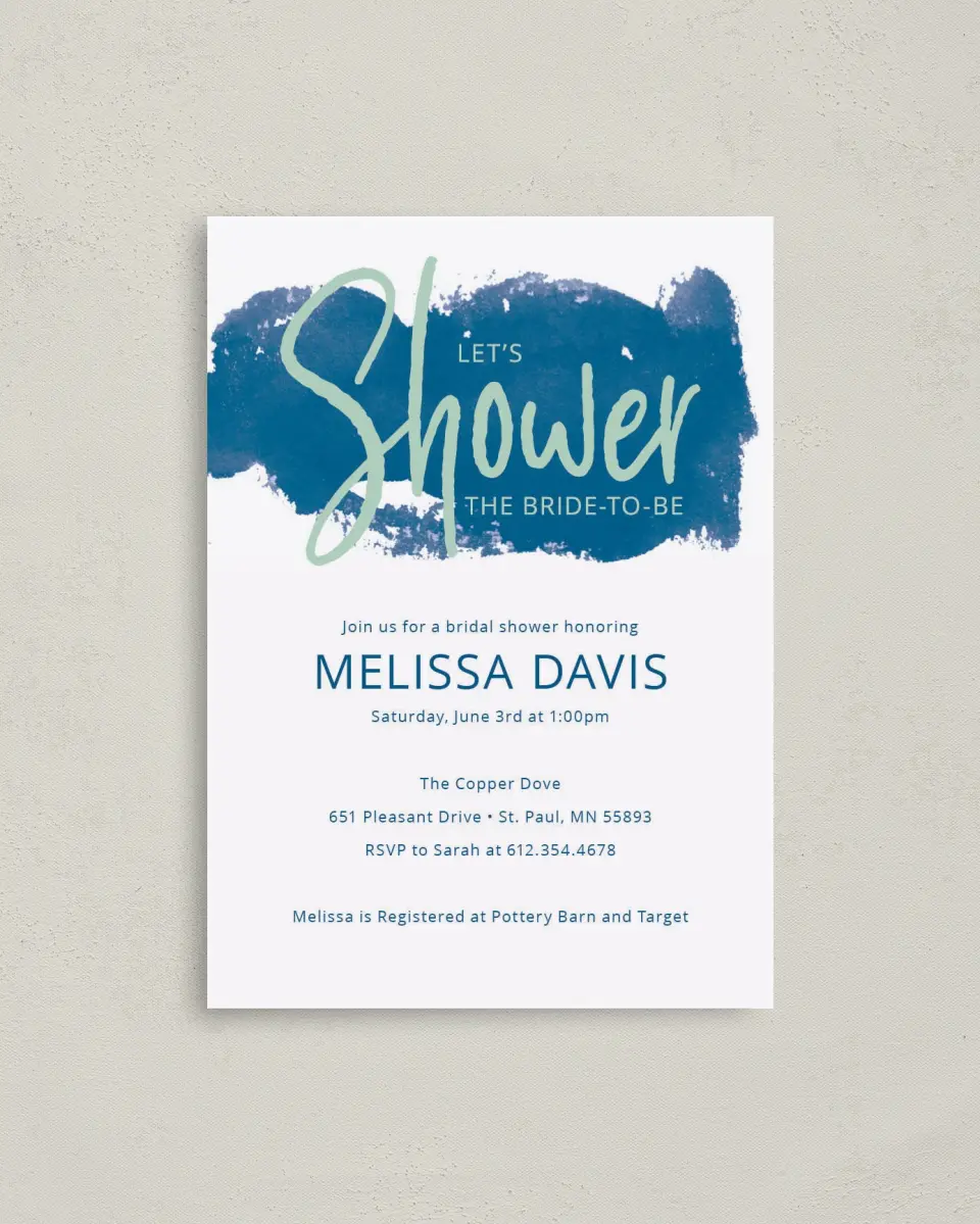 This is a 4" x 5.6" Bridal Shower Invitation Postcard called Shower Splash printed in full color on Soft Touch Finish paper