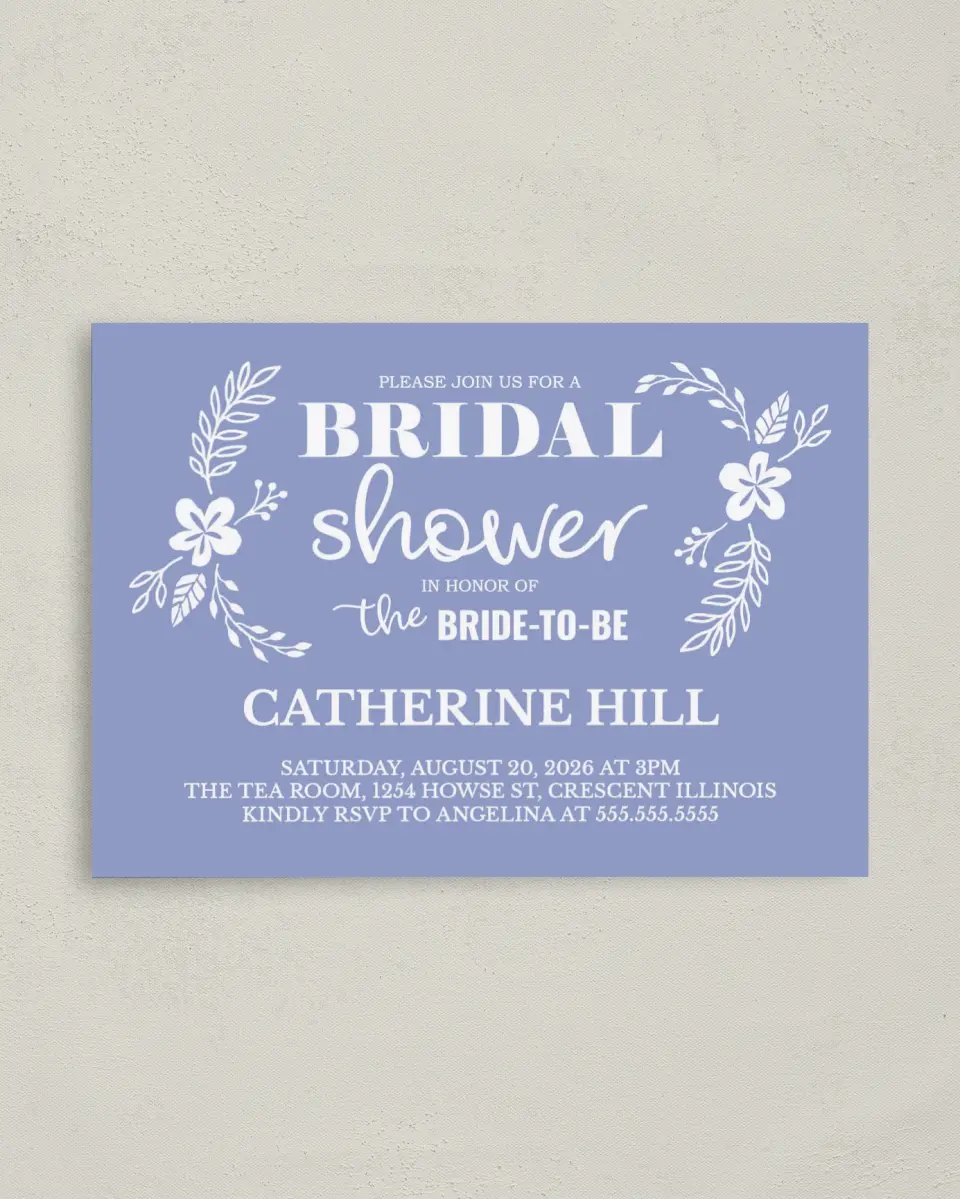 This is a 4" x 5.6" Bridal Shower Invitation Postcard called Chic Abundance printed in full color on Soft Touch Finish paper