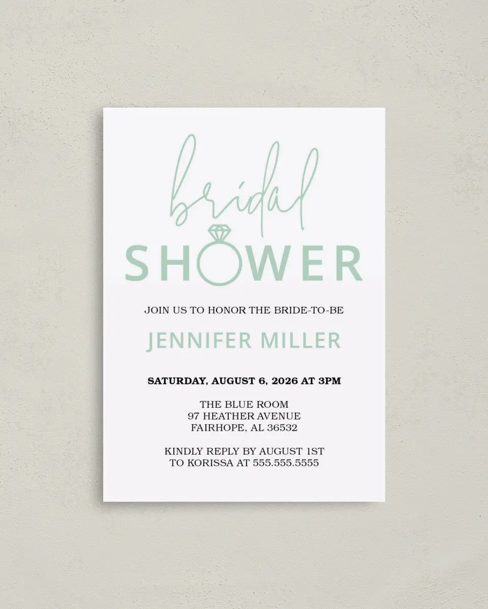 This is a 4" x 5.6" Bridal Shower Invitation Postcard called Ringing Joy printed in full color with Gold foil on Soft Touch Finish paper