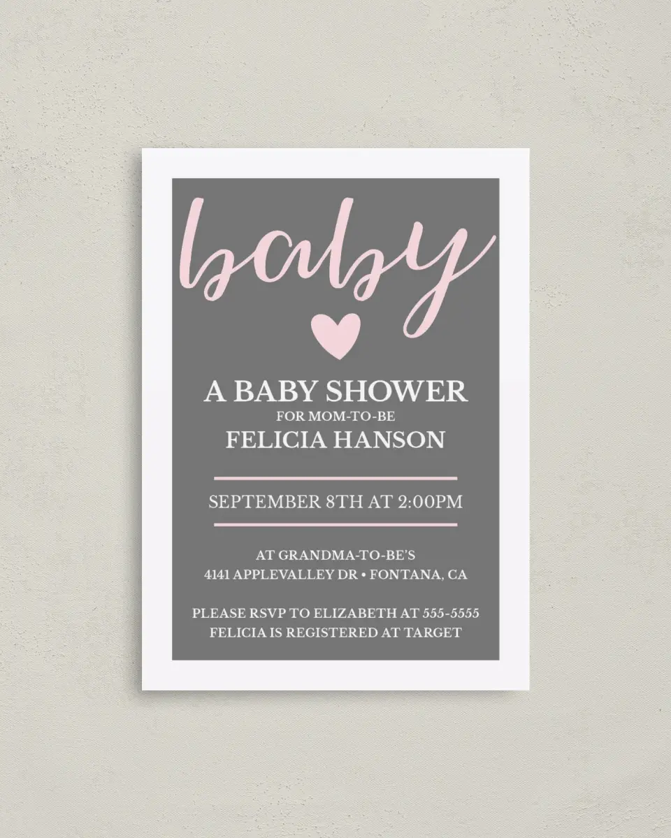 This is a 4" x 5.6" Baby Shower Invitation Postcard called Happy Hearts printed in full color on Soft Touch Finish paper