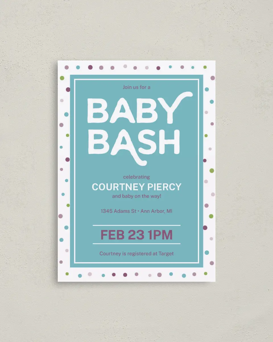 This is a 4" x 5.6" Baby Shower Invitation Postcard called It's A Bash printed in full color on Soft Touch Finish paper