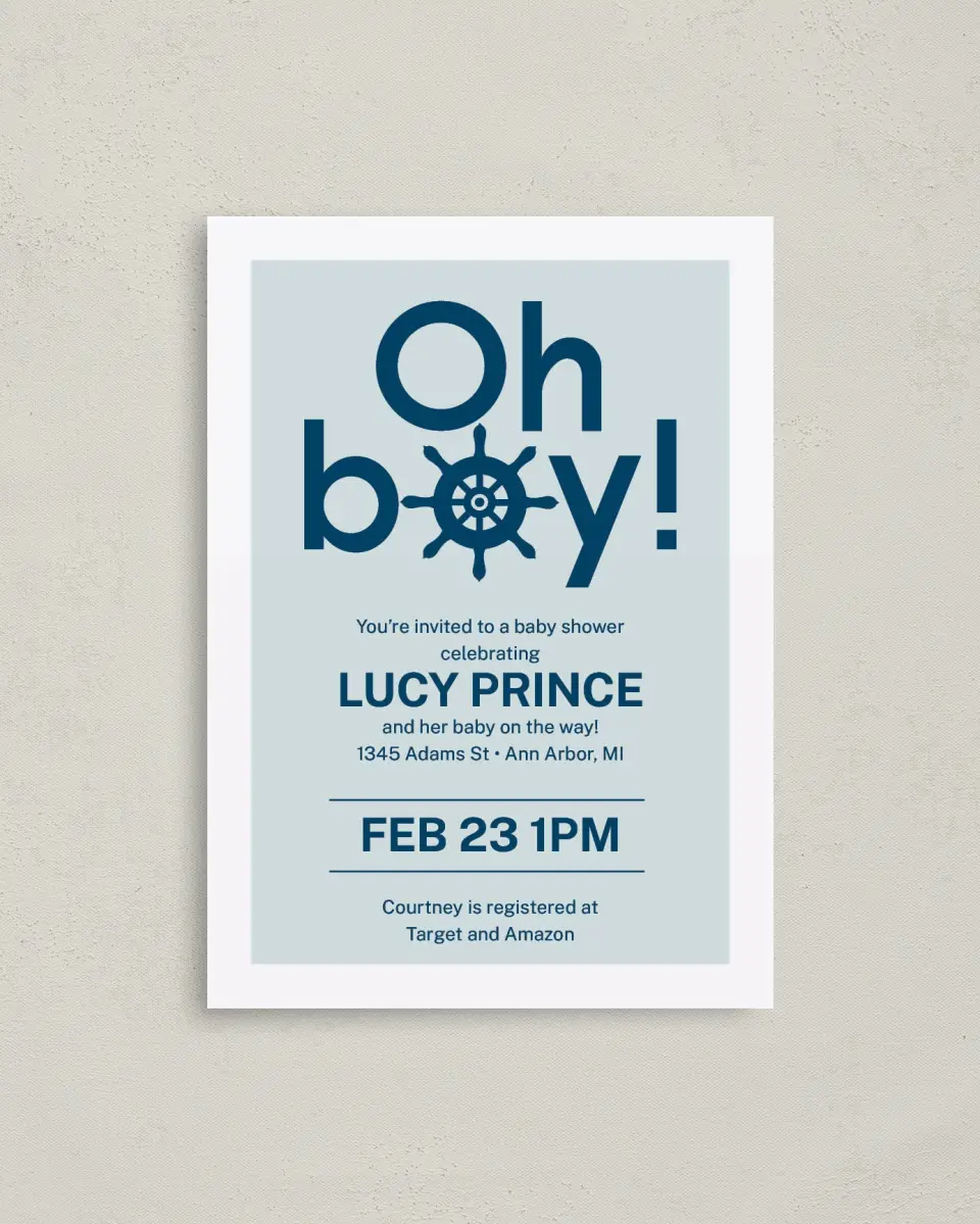 This is a 4" x 5.6" Baby Shower Invitation Postcard called Boy, Oh Boy printed in full color on Soft Touch Finish paper
