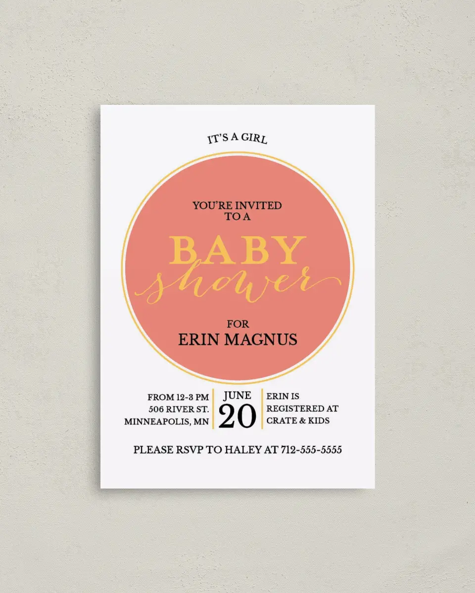 This is a 4" x 5.6" Baby Shower Invitation Postcard called Delightful News printed in full color on Soft Touch Finish paper