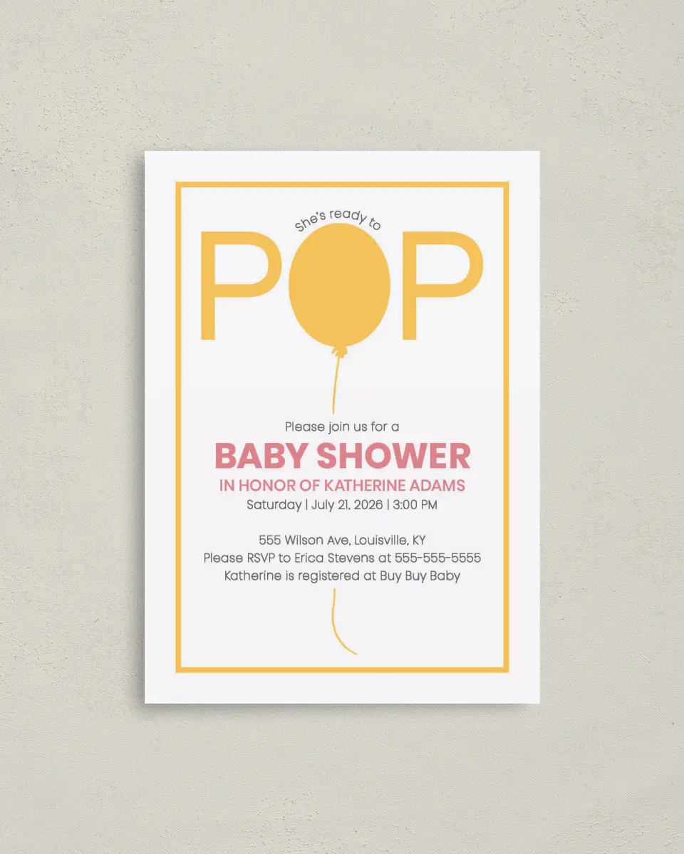 This is a 4" x 5.6" Baby Shower Invitation Postcard called Ready To Pop printed in full color on Soft Touch Finish paper