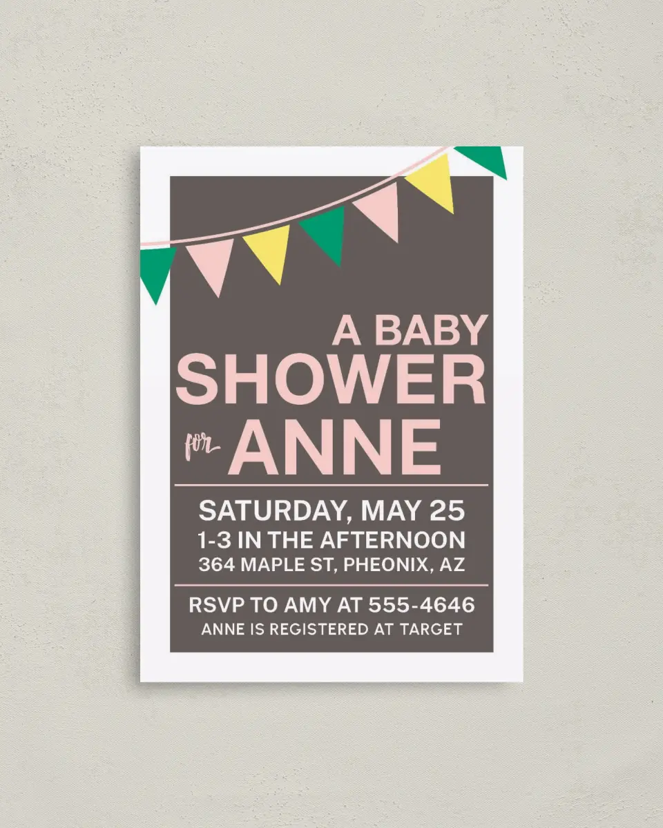 This is a 4" x 5.6" Baby Shower Invitation Postcard called Breezy Bunting printed in full color on Soft Touch Finish paper
