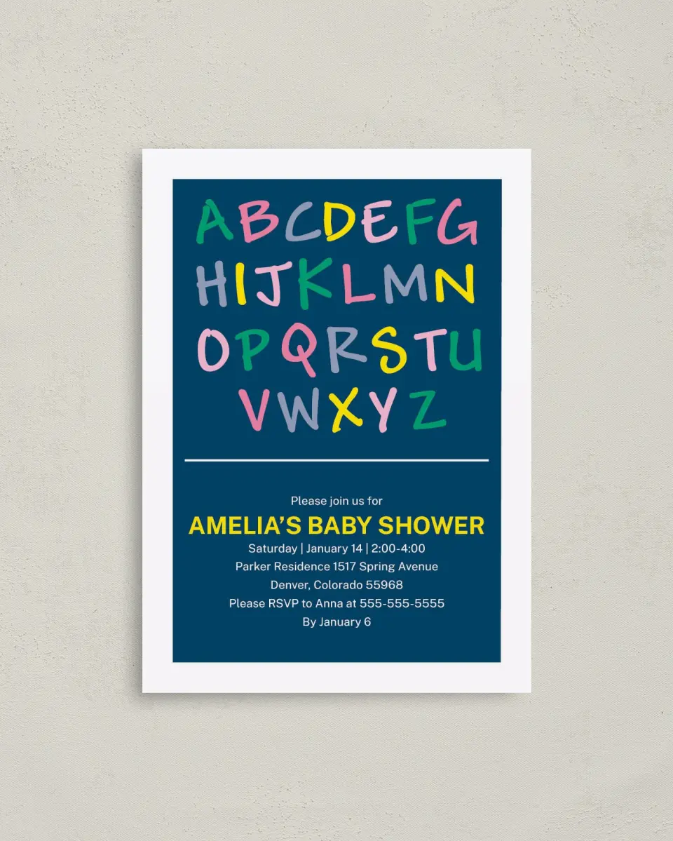 This is a 4" x 5.6" Baby Shower Invitation Postcard called ABC Confetti printed in full color on Soft Touch Finish paper
