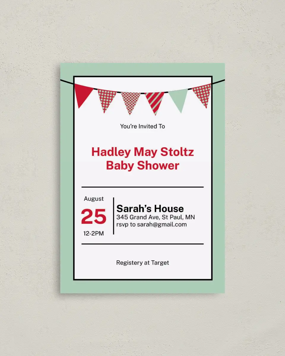 This is a 4" x 5.6" Baby Shower Invitation Postcard called Banner Baby printed in full color on Soft Touch Finish paper