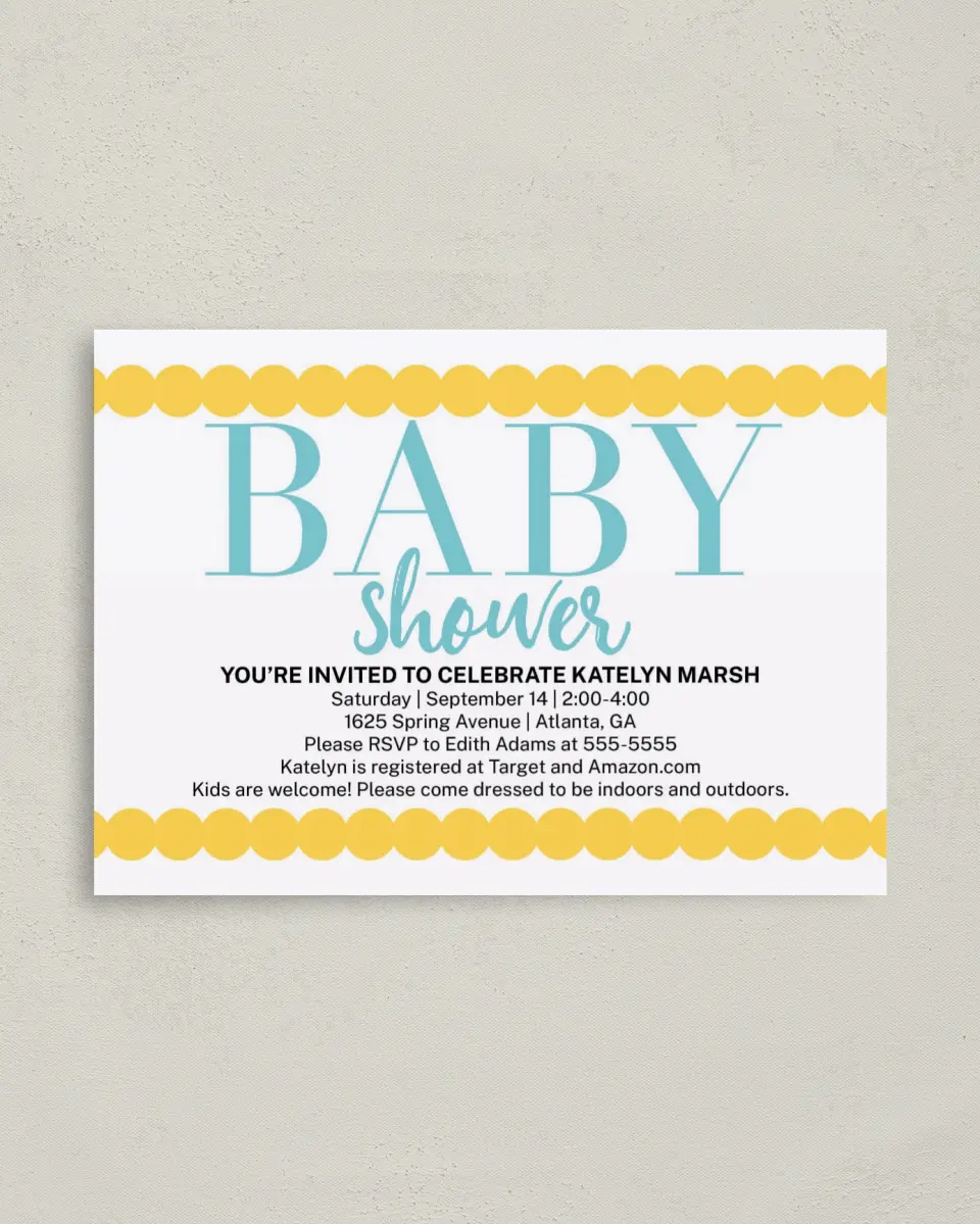 This is a 4" x 5.6" Baby Shower Invitation Postcard called Petite Scallops printed in full color on Soft Touch Finish paper