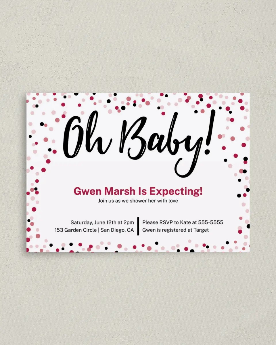This is a 4" x 5.6" Baby Shower Invitation Postcard called Confetti Border printed in full color on Soft Touch Finish paper
