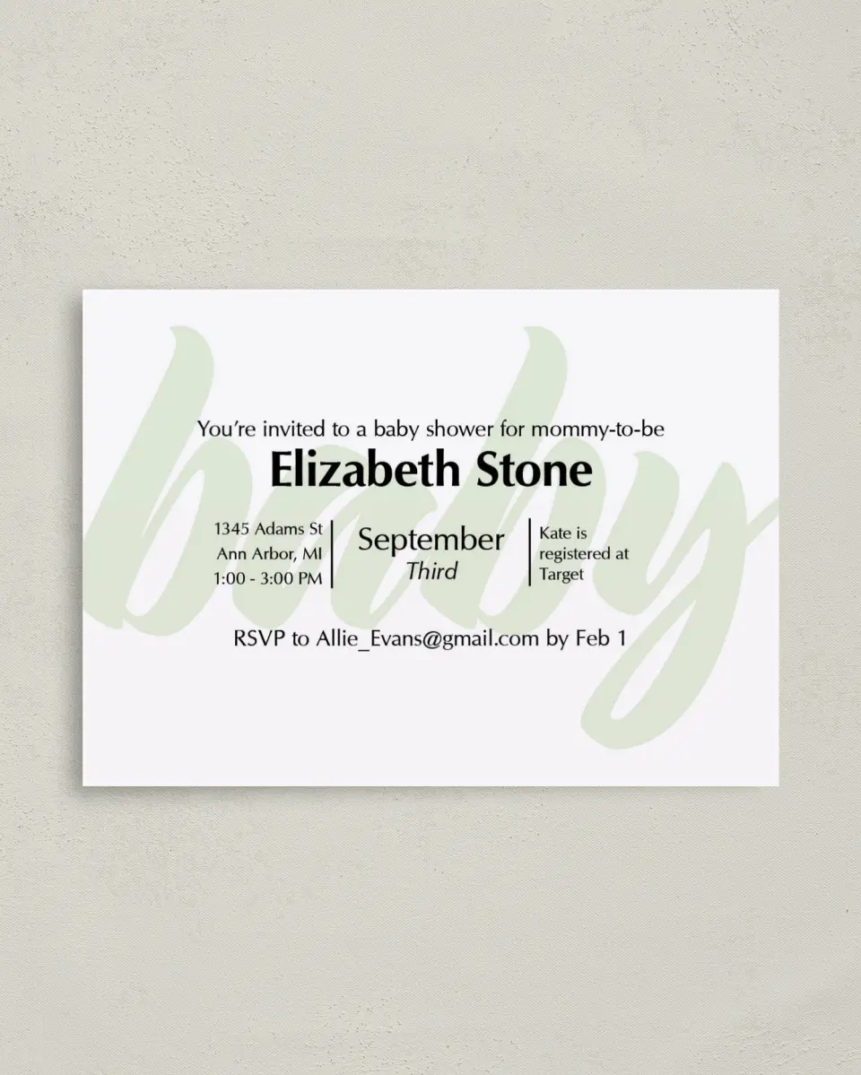This is a 4" x 5.6" Baby Shower Invitation Postcard called Lovely Dots printed in full color on Soft Touch Finish paper