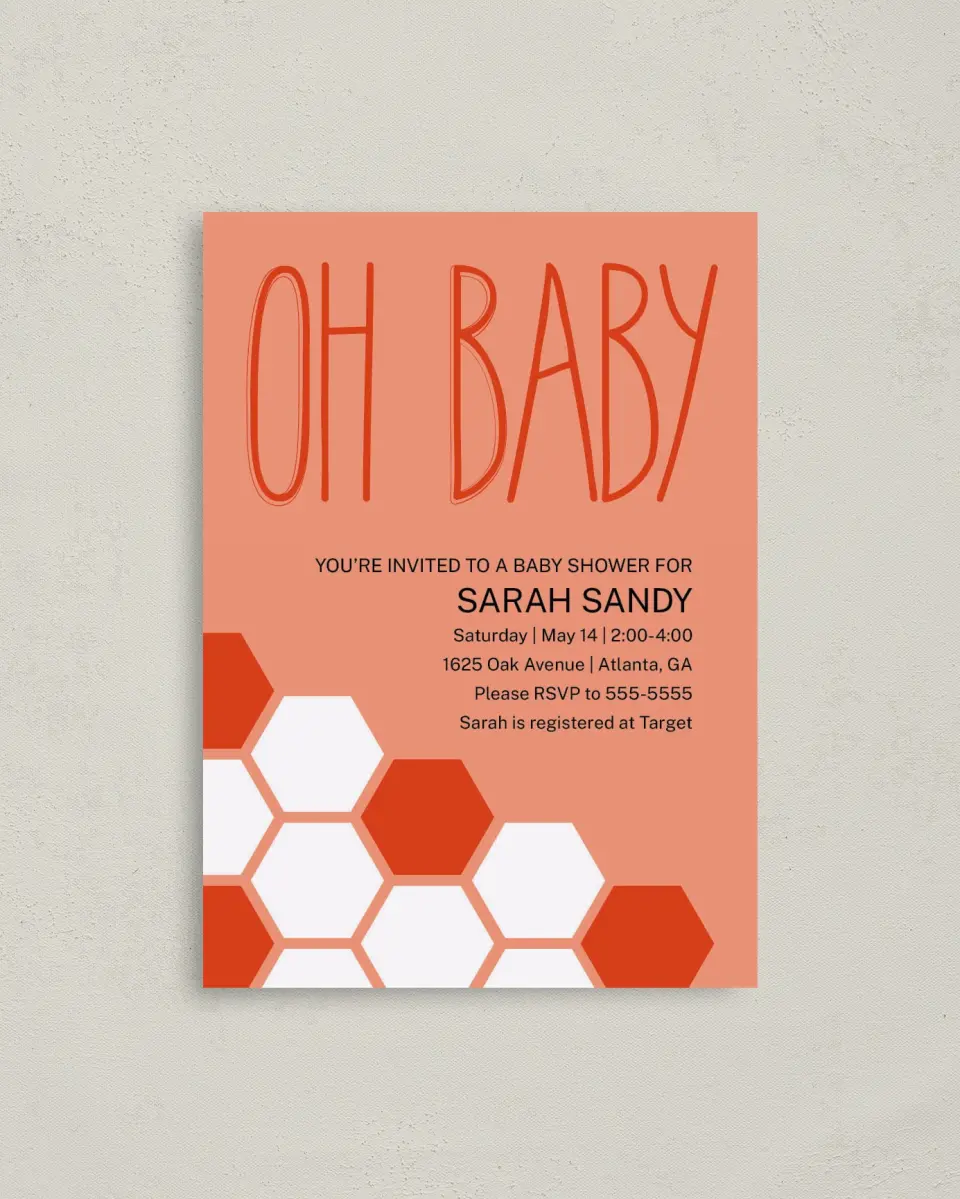 This is a 4" x 5.6" Baby Shower Invitation Postcard called Sweet Honeycomb printed in full color on Soft Touch Finish paper