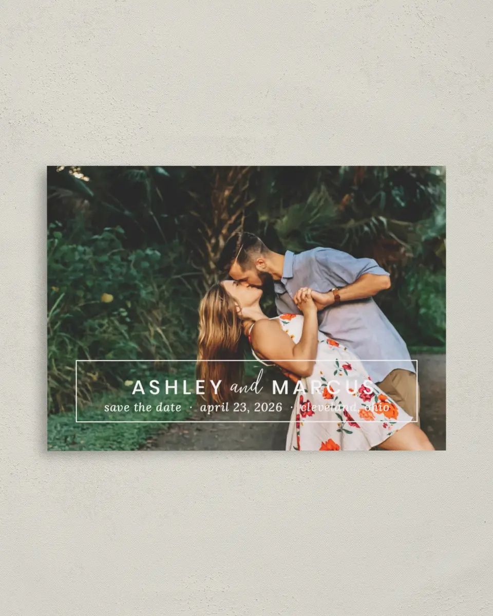 This is a 4" x 5.6" Save the Date Postcard called Names Framed printed in full color on Soft Touch Finish paper