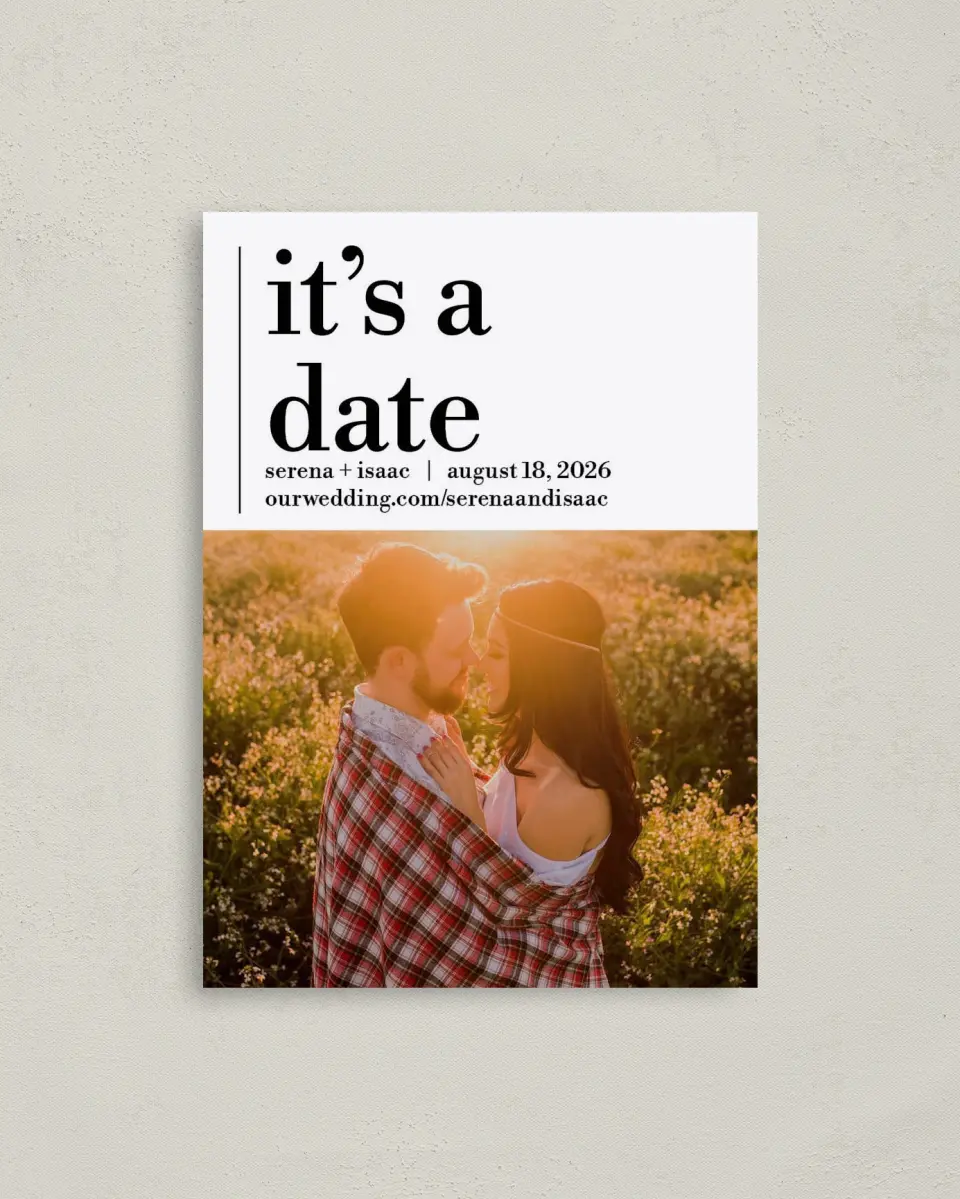 This is a 4" x 5.6" Save the Date Postcard called Simple Truth printed in full color on Soft Touch Finish paper