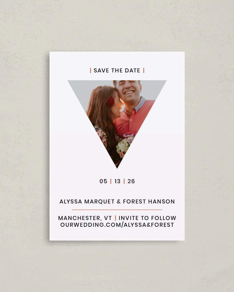 This is a 4" x 5.6" Save the Date Postcard called Triangle Crush printed in full color with Rose Gold foil on Soft Touch Finish paper