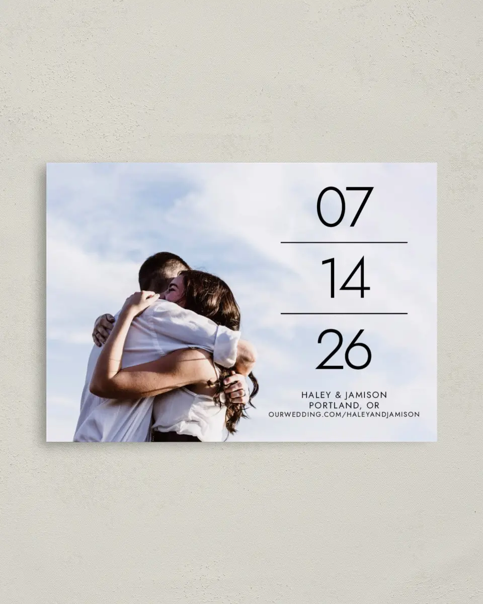 This is a 4" x 5.6" Save the Date Postcard called In the Lines printed in full color on Soft Touch Finish paper