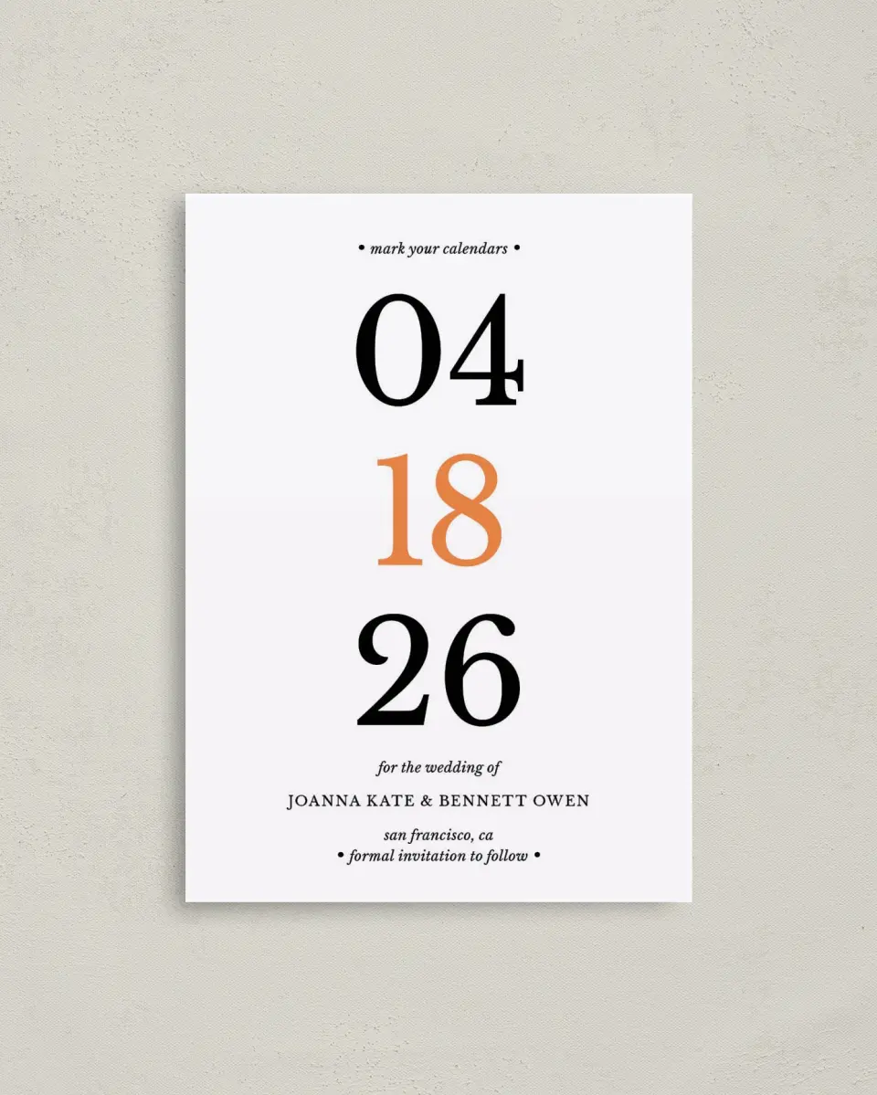 This is a 4" x 5.6" Save the Date Postcard called Let's Do This printed in full color with Rose Gold foil on Soft Touch Finish paper